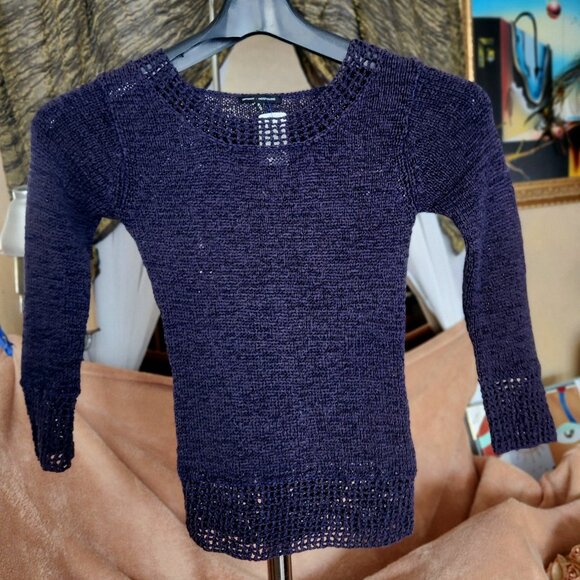 A30  Vintage navy blue loose knit sweater w/b'ful hemlines & cuffs - Picture 1 of 5